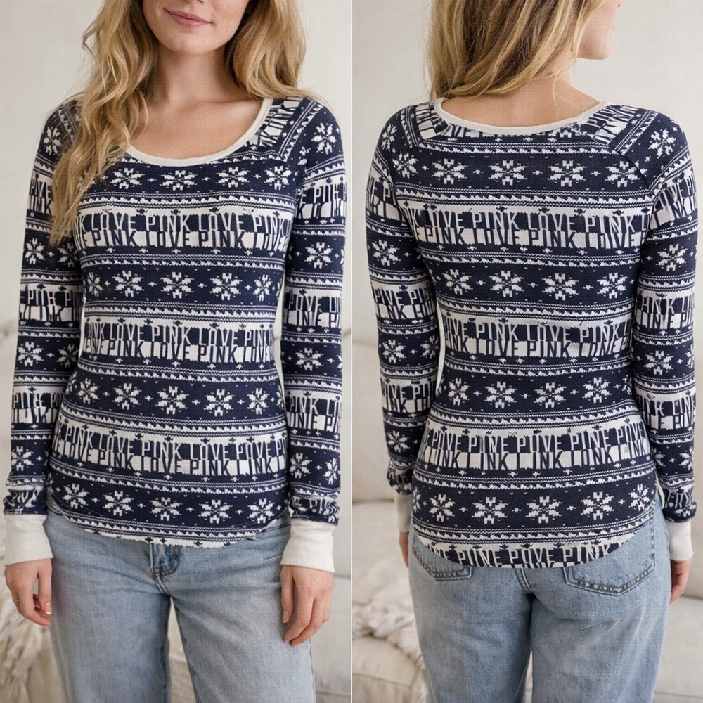 Victoria's Secret PINK Med Thermal Top Fair Isle Snowflake Love Pink Granola Y2K